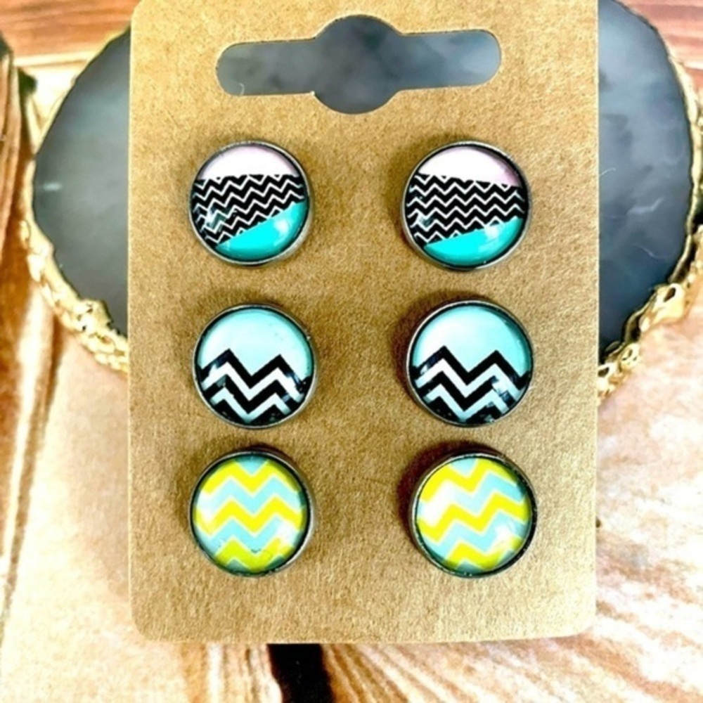 3 Pairs Geometric Print Stainless Steel Stud Earrings, NWT